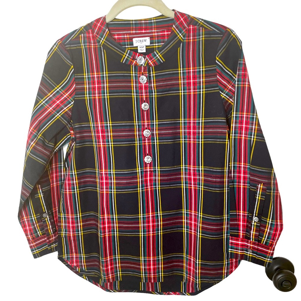J. Crew Factory Red Black Tartan Plaid Jewel‎ Button Popover Top Size XS Petite